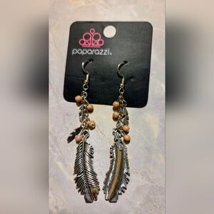 paparazzi Silver Feather Drop Earrings with Peach Beads